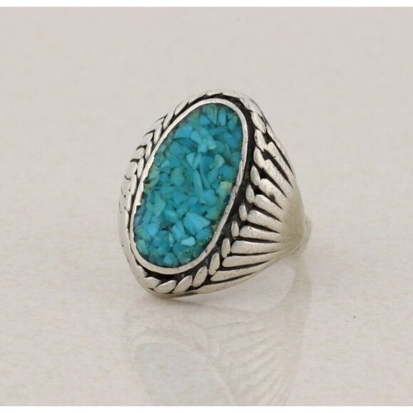 Sterling Silver Crushed Turquoise Ring Men's or Women's Size 7 3/4 - Picture 5 of 6